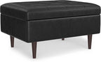 SIMPLIHOME Shay 34 inch Wide Mid Century Modern Small Rectangle Coffee Table Storage Ottoman in Distressed Black Vegan Faux Leather, Assembled, for The Living Room, Entryway and Family Room