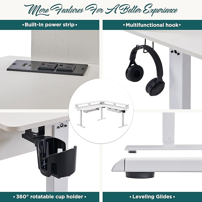 RedLemon 60 Inches L Shaped Electric Standing Desk, Height Adjustable Corner Gaming Desk with Drawers, Keyboard Tray, Power Outlets & LED Lights, Computer Desk with Monitor Shelf, Dark Walnut