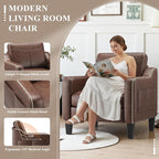 PU Leather Accent Chair, Mid-Century Modern Living Room Armchair Sofa with Removable Cushions, Solid Wood Frame & Stitched Armrest Design, Bedroom Chair with Plastic Legs, Chocolate Brown