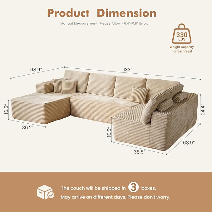 Oversized U Shaped Boneless Sectional Cloud Couch, 133.1'' Modular Sofa with Chaise, Deep Seat Plush Corduroy Couches for Living Room, No Assembly Required,Plush Corduroy,Beige