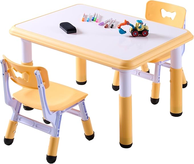 Kids Table & Chairs Set (2 Chairs), Height Adjustable Toddler Table and Chair Set for Kids Ages 3-8 with Graffiti Desktop, Learning & Art Activity Desk for Classroom, Home, Daycare (Natural)