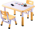 Kids Table & Chairs Set (2 Chairs), Height Adjustable Toddler Table and Chair Set for Kids Ages 3-8 with Graffiti Desktop, Learning & Art Activity Desk for Classroom, Home, Daycare (Natural)