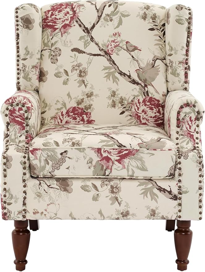 UIXE High Back Accent Chair, Fabric Upholstered Armchair for Living Room, Floral Printed Wingback Arm Chair with Solid Wood Legs, Retro Nailhead Trim Single Sofa Bedroom Reading Seat - Beige