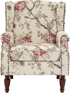 UIXE High Back Accent Chair, Fabric Upholstered Armchair for Living Room, Floral Printed Wingback Arm Chair with Solid Wood Legs, Retro Nailhead Trim Single Sofa Bedroom Reading Seat - Beige