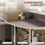 Modern L Shape Executive Desk with Drawers and Lockable Storage Cabinet, Large Executive Office Desk with Cable Management (Champagne Wood Grain+Beige/Left,79" L*63" W*30" H)