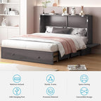 Mjkone Queen Murphy Bed Cabinet, Cabinet Bed with Built-in Charging Station, Storage Drawer, Solid Wood Cabinets Bed with Tri-fold Mattress, Cube Murphy Chest Beds for Guest Room, Home, Office, Grey