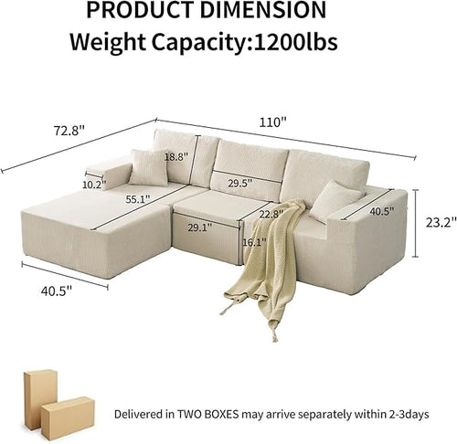 110" Boneless Cloud Sectional Couch for Living Room, Compressed Modular L-Shaped Sofa with Deep Seat, Frameless Corduroy Couch in Boxes, No Assembly Required 3-Seater (Left-Facing Chaise, Beige)