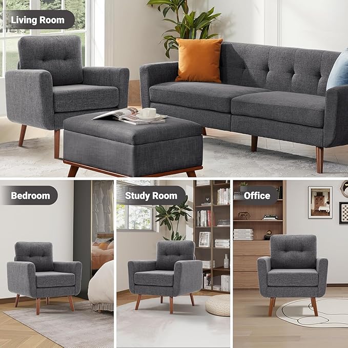Tbfit Accent Chair, Reading Chair for Living Room & Bedroom, Mid Century Modern Arm Chair, Button Tufted Upholstered Accent Chairs Sofa with Solid Wood Frame (Stone Grey)