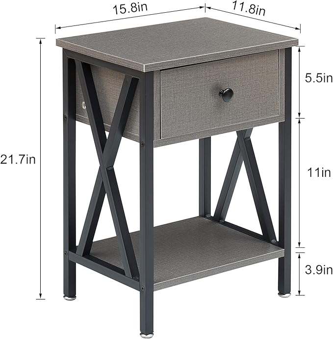 VECELO End Tables, Modern Nightstand with Drawer & Shelf, Night Stand for Bedroom Living Room,Industrial Metal Frame