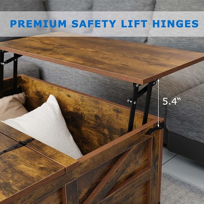 Farmhouse Coffee Table Set of 3, 1 Lift Top Coffee Table with Sliding Barn Doors and 2 End Tables with Charging Station, Living Room Table Set for Home Office, Brown