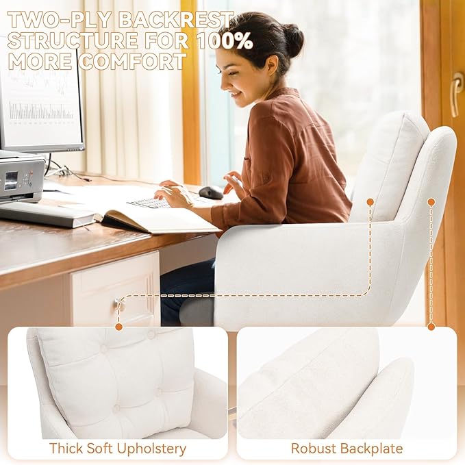 Plush Fabric Office Chair Vanity Chair Comfy Home Office Desk Chairs with Lumbar Support, Modern Plush Fabric Desk Gold Legs Swivel Task for Home Office Bedroom Study White Upgraded Version