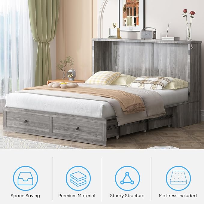 Mjkone Murphy Bed, Cabinet Murphy Bed with Tri-Fold Memory Foam Mattress, Farmhouse Wooden Cabinet Beds with USB Charging Station and 2 Storage Drawers for Bedroom/Office/Guest Room-Gray, Queen