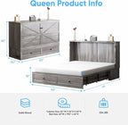 Mjkone Murphy Bed, Cabinet Murphy Bed with Tri-Fold Memory Foam Mattress, Farmhouse Wooden Cabinet Beds with USB Charging Station and 2 Storage Drawers for Bedroom/Office/Guest Room-Gray, Queen