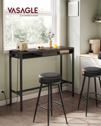 VASAGLE Bar Table with Power Outlets, 47.2 Inches Long Bar Height Pub Table, Rectangular High Top, with Movable Drawer, 2 Hooks, Narrow Storage for Kitchen, Dining, Entryway, Ash Brown