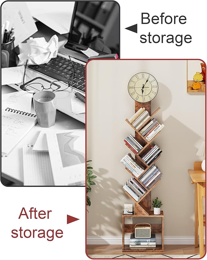 7 Tier Tree Bookshelf with Clock and Storage Cabinet, Small Narrow Floor Standing Bookcase for Bedroom, Living Room, Home Office, Dark Brown