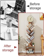 7 Tier Tree Bookshelf with Clock and Storage Cabinet, Small Narrow Floor Standing Bookcase for Bedroom, Living Room, Home Office, Dark Brown