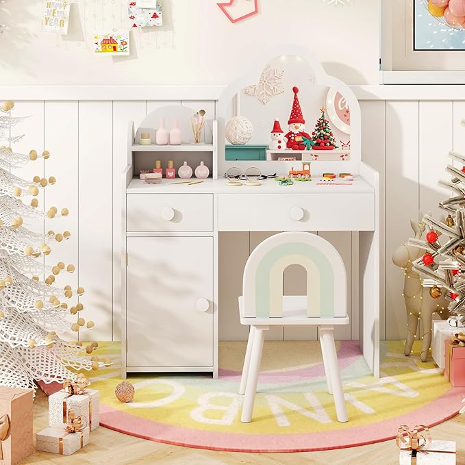 HONEY JOY Kids Vanity, Cloud Shape Wooden Girls Vanity Set with Mirror and Stool, Drawers, Storage Cabinet, Toddler Makeup Desk Dressing Table, Pretend Play Kids Vanity Table and Chair Set (White)