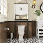 Over The Toilet Storage Cabinet with Farmhouse Doors and Adjustable Shelf, Tall Bathroom Organizer with Metal Stand Space Saver Over Toilet , Wood Rack for Bathroom, Restroom, Laundry, White