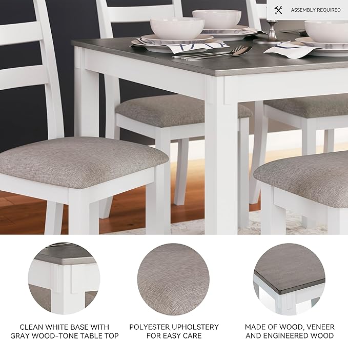 Signature Design by Ashley Stonehollow Casual Rectangular Dining Room Table Set with 4 Chairs and Bench, Set of 6, Foam Cushions, Wood, White and Gray