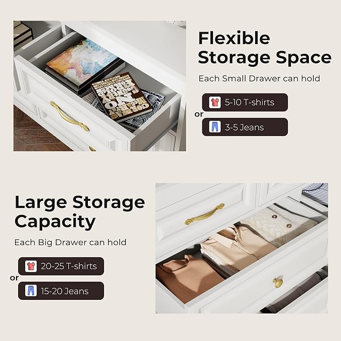 Farmhouse Dresser for Bedroom, 51'' Wide Rustic chests of Drawers with Natural Texture, 7 Drawers Dresser Vintage Design, Storage Dressers Organizer, White