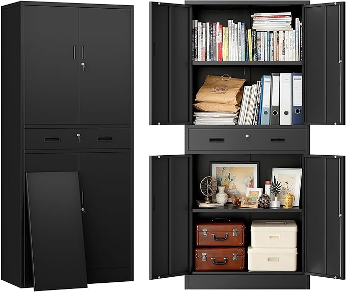 BESFUR Metal Cabinet, Garage Storage Cabinet with Drawer and Adjustable Shelves for Garage, Office, School - Black