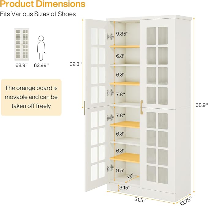 Tribesigns 70-Inch Tall Shoe Cabinet with Doors, 8-Tier Shoe Storage with Adjustable Shelves, Modern Shoe Organizer Shoe Rack Cabinet for Entryway, Hallway, Closet, Living Room, White and Gold