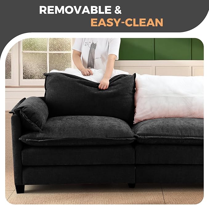 ELUCHANG 116" Luxury Modular Sectional Sofa, Comfy Deep Seat Cloud Couch, Sleeper Sofa Bed, 6 Seat Modern Couch with Removable Cover for Living Room, Apartment, DIY Combination, Chenille Black