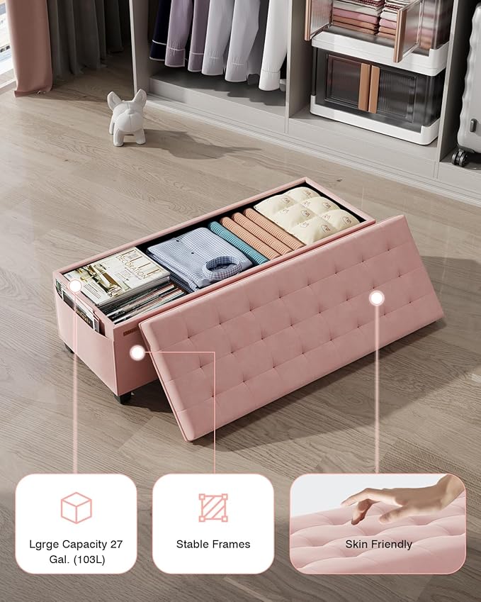 Velvet Storage Ottoman Bench, End of Bed Bench with Legs, Large Entryway Bench, Foot Rest Stool, Tea Table for Bedroom, Living Room, Loads 770 lb, 15.7"L x 43"W x 15.7"H, Jelly Pink, UASND62P