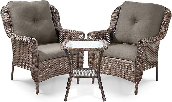 3 Piece Patio Brown Wicker Chairs with Side Table - Outdoor High Back Heavy Duty All-Weather Lawn Dining Rattan Chair Conversation Bistro Set for Deck Porch Balcony Backyard Garden - Grey