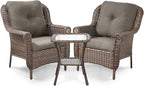 3 Piece Patio Brown Wicker Chairs with Side Table - Outdoor High Back Heavy Duty All-Weather Lawn Dining Rattan Chair Conversation Bistro Set for Deck Porch Balcony Backyard Garden - Grey