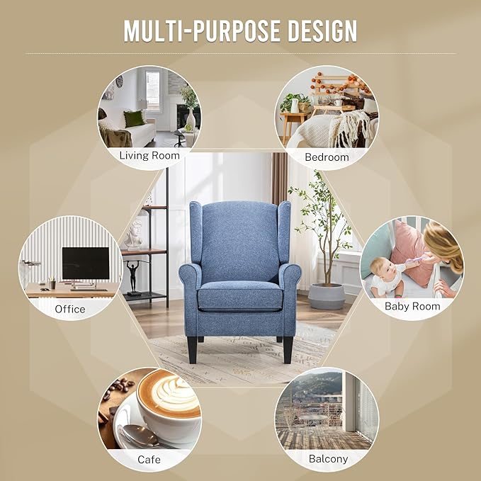 Accent Chair, Modern Living Room Chairs with Wingback, Comfy Upholstered High Back Single Sofa for Bedroom, Mid-Century Reading Armchair Sillas para Sala