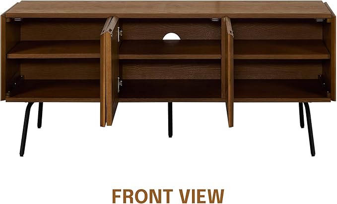 NTC Mossic TV Media Cabinet with 3 Doors for TVs, Entertainment Center with Natural Rattan, Metal Legs, Modern Storage Console for Living Room and Bedroom, Effortless Assembly, Rustic Oak