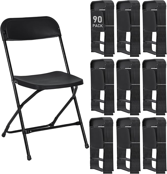 90 Pack Plastic Black Folding Chairs, Portable Stackable Commercial Party Folding Chairs with Steel Frame 350lbs for Home Office Outdoor Indoor Office Wedding Party Event