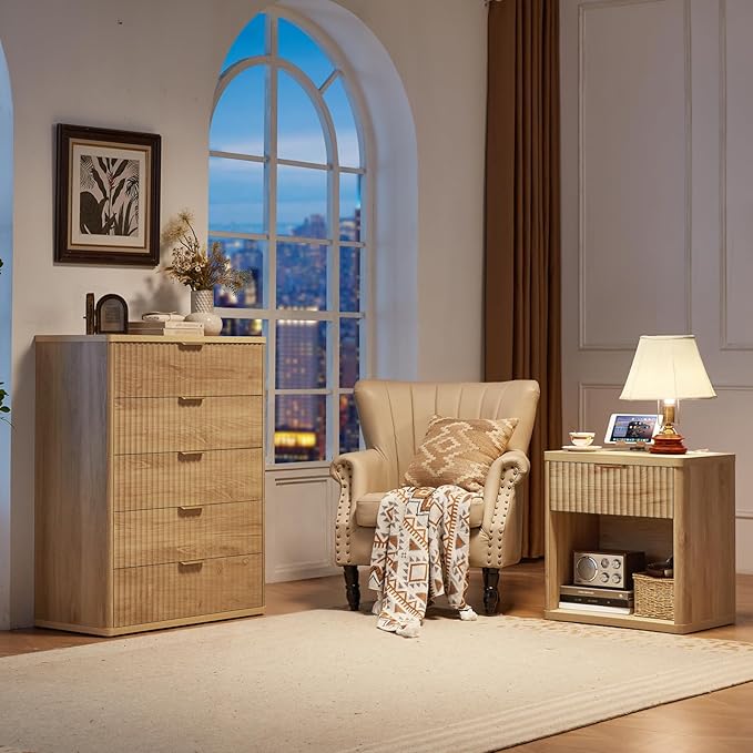 LEYAOYAO Fluted Farmhouse Nightstand Set of 2 with Charging Station, 23" Wide 1 Drawers End Table,Natural Dresser for Bedroom,Bed Side Table Chest of Drawers Cabinet,Wood Night Stand for Living Room