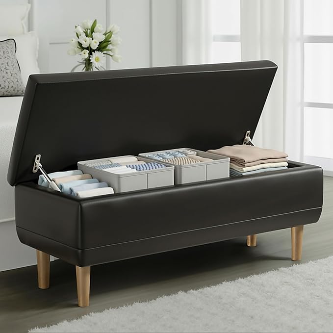 VECELO 44.5" Storage Ottoman Bench, End of Bed Bench with 2 Machined Gas Spring Lid Supports, PU Leather Upholstery & Solid Wood Legs for Living Room, Bedroom, Entryway, Modern Black