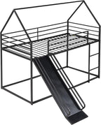 Twin Over Twin Bunk Bed with Slide,House Shaped Bedframe w/Ladder, Heavy Duty Low Bunk Bed Frame with Guardrail,No Box Spring Needed & Easy Assemble(Black)