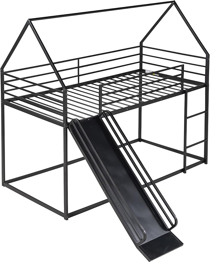 Twin Over Twin Bunk Bed with Slide,House Shaped Bedframe w/Ladder, Heavy Duty Low Bunk Bed Frame with Guardrail,No Box Spring Needed & Easy Assemble(Black)
