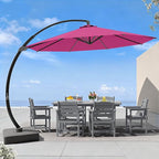 7 Piece Patio Dining Set with 11ft Patio Umbrella (Rose Pink), 7 Gray Outdoor HDPE Dining Set with 6 Chairs + 1 Large Table, for Market, Pool, Garden, Backyard, Deck