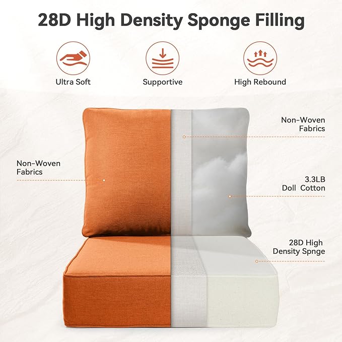 Luxury 6" Outdoor Cushions for Patio Furniture, 24x24x6" Thick Seat Cushion Set of 2, Fade Resistant Couch Chair Replacement Cushions High Density Deep Wicker Chair Cushion w/ Removable Cover, Orange