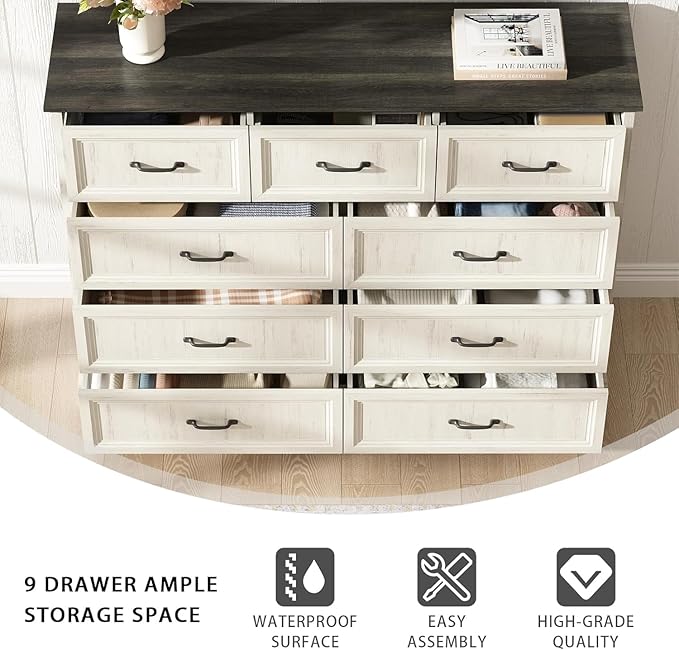 CARPETNAL Farmhouse Dresser and Nightstand Sets for Bedroom, 4 Pcs Bedroom Set, 5 Drawer & 9 Drawer Dresser and Nightstand Set of 2, Wood Chest of Drawers for Living Room, Entryway, White