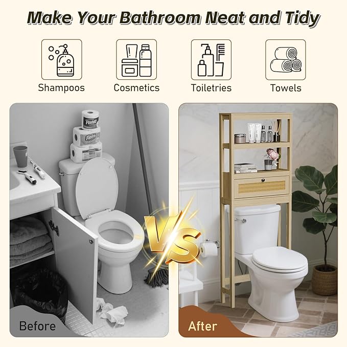 Over The Toilet Storage Cabinet, Behind Toilet Bathroom Organizer with Adjustable Shelves, Above Toilet Organizers with Rattan Door, Space Saver for Restroom, Bathroom, Laundry