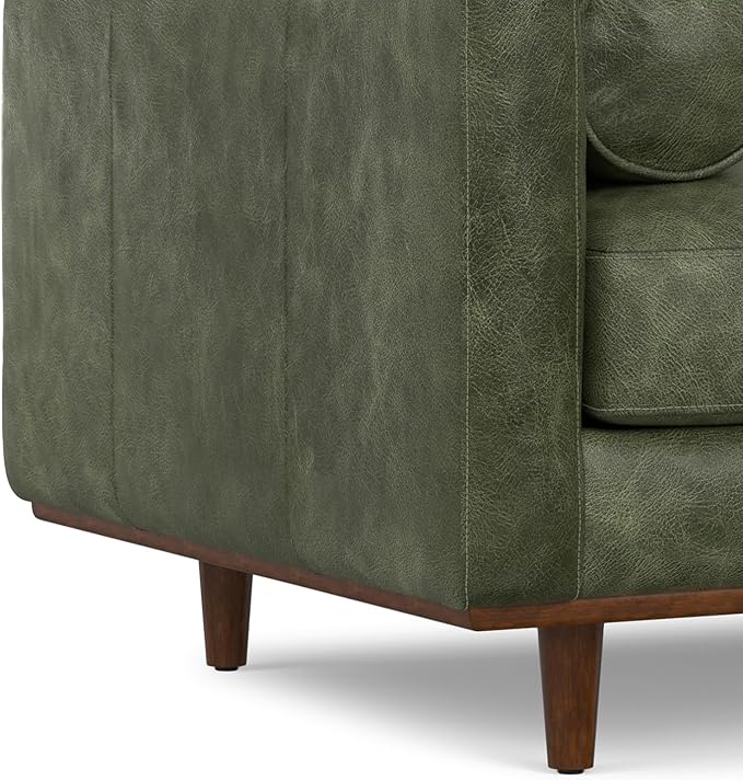 SIMPLIHOME Morrison Accent Chair - 43 inch Wide Upholstered Top Grain Genuine Leather Mid-Century Modern Arm Chair with Solid Wood Frame in Moss Green, for Living Room with 2 Bolster Pillows