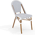 Martha Stewart Lily Pond Indoor-Outdoor Stackable Aluminum Bistro Chair with Natural Woodgrain Frame Finish and White/Navy Woven Rattan Backrest and Seat