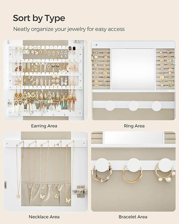 SONGMICS Jewelry Organizer, LED Jewelry Cabinet Wall/Door Mounted, Lockable Rounded Wide Mirror with Storage, Christmas Gift 3.9 x 16.5 x 42.5 Inches, White Surface with Greige Lining