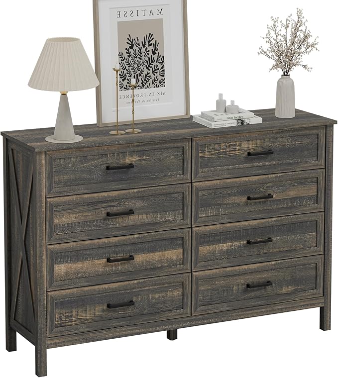 LYNSOM Farmhouse 8 Drawer Dresser for Bedroom, 55 Inch Wide Wood Rustic Chest of Drawers with X-Marking & Bar Handle, Large Storage Dressers Organizer for Bedroom, Living Room, Dark Rustic Oak