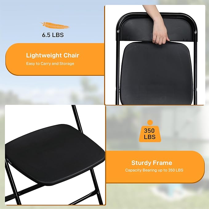50 Pack Black Plastic Folding Chairs, Portable Party Chairs, Stackable Commercial Seats with Steel Frame for Home Office Wedding Party Indoor Outdoor Events Chairs, 350lbs Capacity