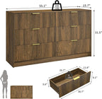 Walnut 6 Drawer Dresser Bedroom,55” Wide Fluted Dresser Wood with Gold Handles,Mid Century Wooden Chest of Drawer for Closet,Bedroom,Living Room,Walnut