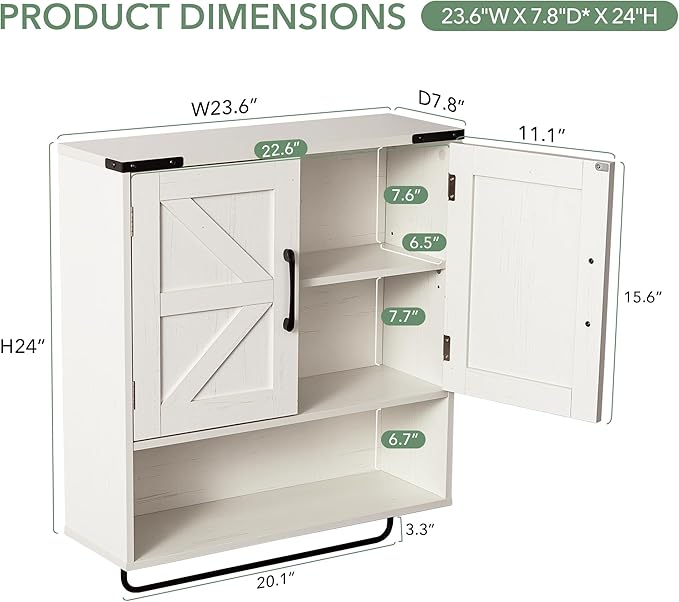 Bathroom Wall Cabinet Over Toilet 24x24 Inch Farmhouse Medicine Cabinet with Towel Bar, 2 Door, Motion Sensor Light & Adjustable Shelves, White Above Toilet Storage for Laundry or Kitchen