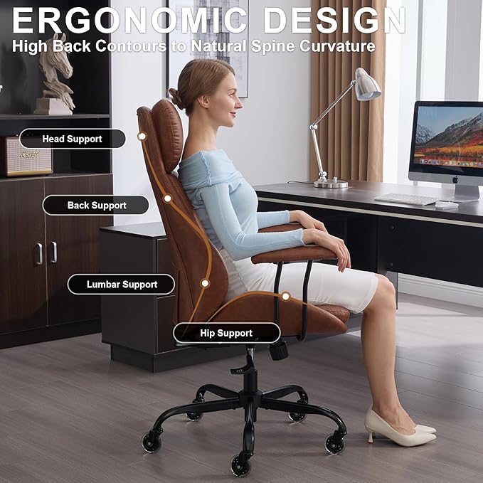 Home Office Desk Chair, PU Casters Ergonomic Computer Chair with Lumbar Support, Adjustable Height, 360°Rolling Swivel Chair, High Back Executive Task, Padded Armrests Chair, Brown Leather