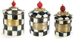 MACKENZIE-CHILDS Enamel Canister Set, Mini (14 oz.), Demi (24 oz.), and Small (38 oz.) Kitchen Containers, Black-and-White Courtly Check